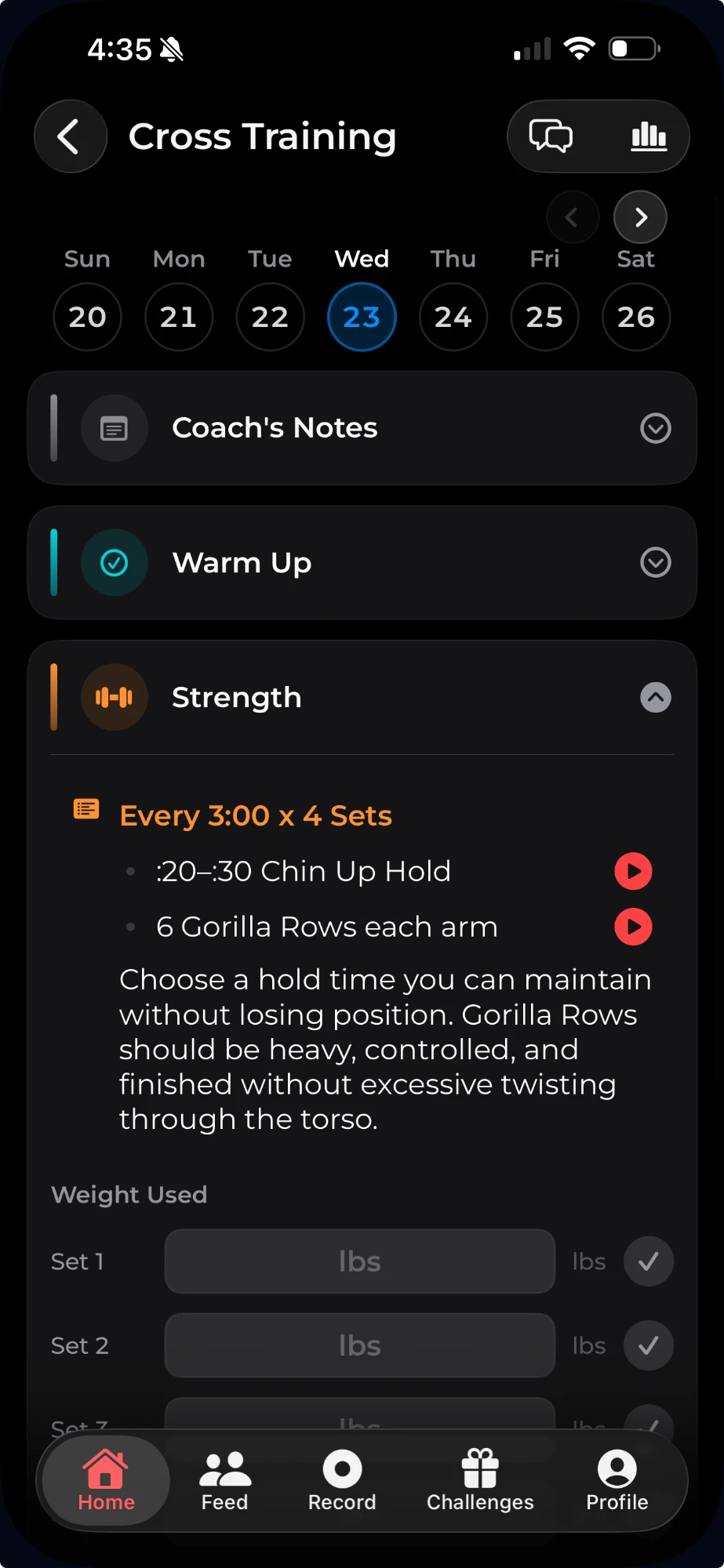 Workout Warrior app showing a Cross Training strength block with sets, coaching notes and weight logging