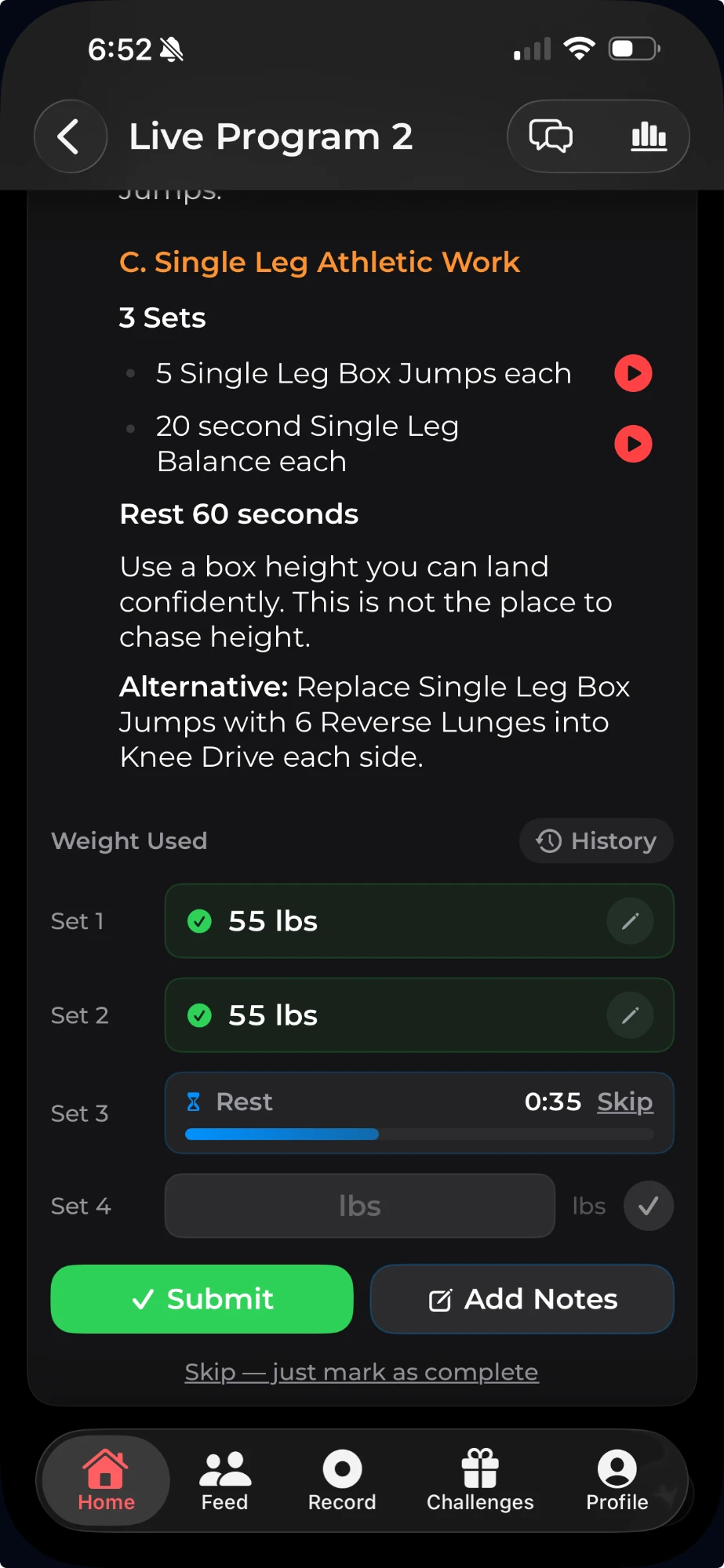 Workout Warrior app logging weight for each set with a rest timer running
