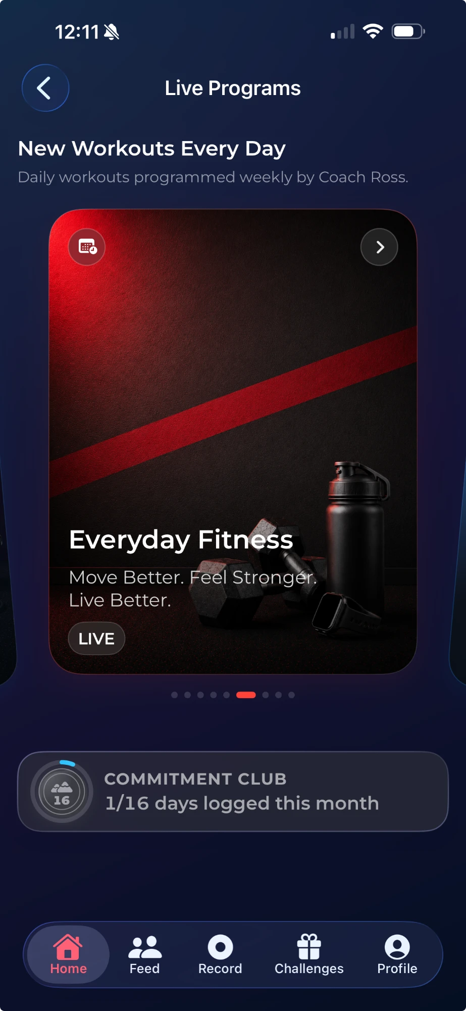 Workout Warrior app showing the Daily Programs screen with an Everyday Fitness program card